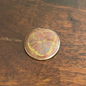 Michel Lebrun Paris vintage brooch trombone clasp butterfly gold tone round